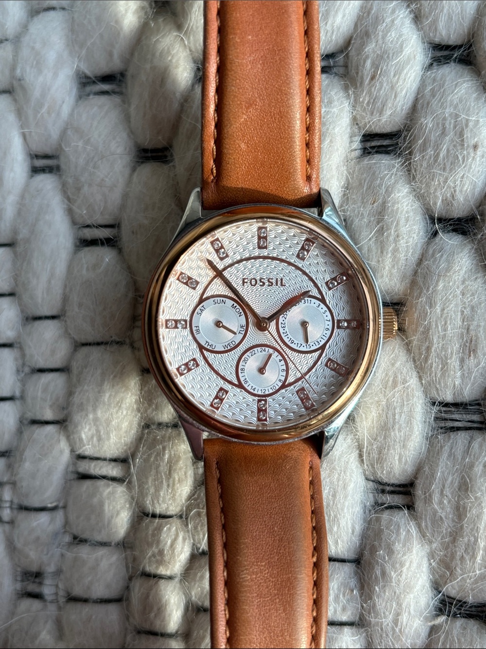 Fossil Ladies BQ3045 Crystal Pattern Rose Gold Multi Function Leather Watch